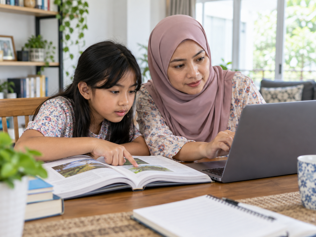 Ibu bapa membimbing anak membaca maklumat digital dengan selamat.