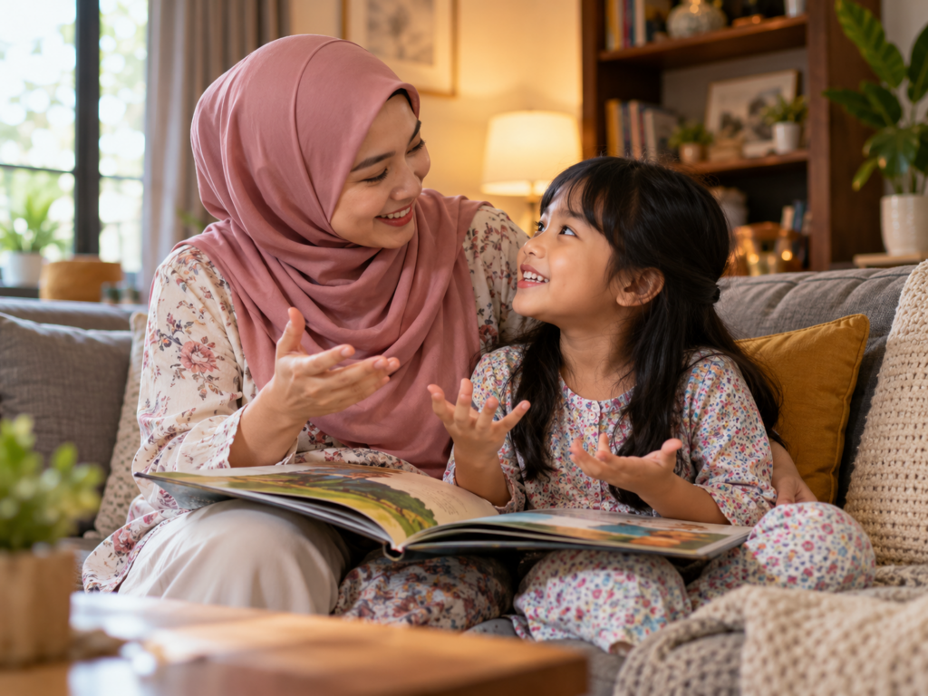Ibu bapa dan anak berbual selepas selesai membaca sebuah buku.