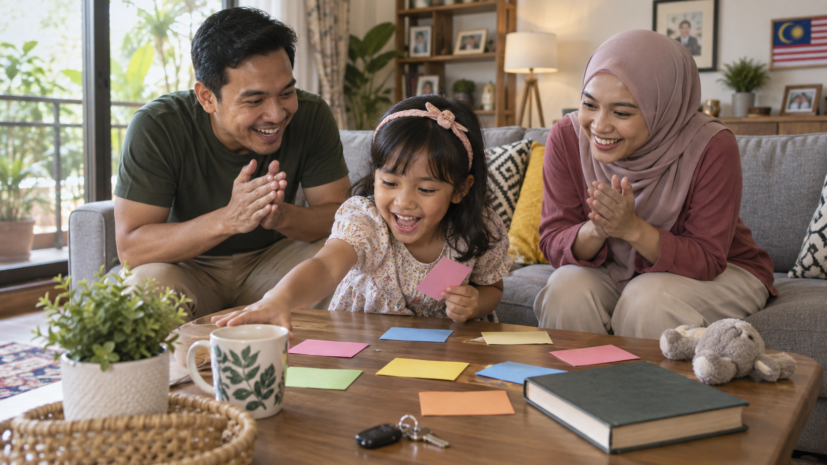 Ibu bapa bermain permainan cari perkataan dengan anak di rumah.