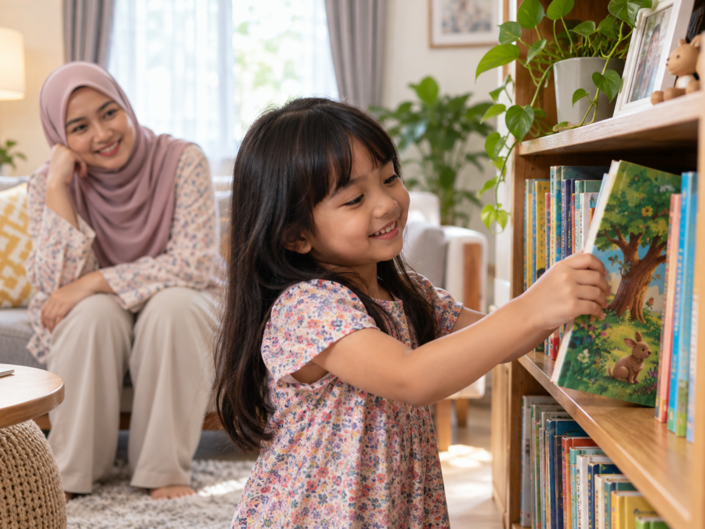 Kanak-kanak memilih buku kegemarannya daripada rak rendah.