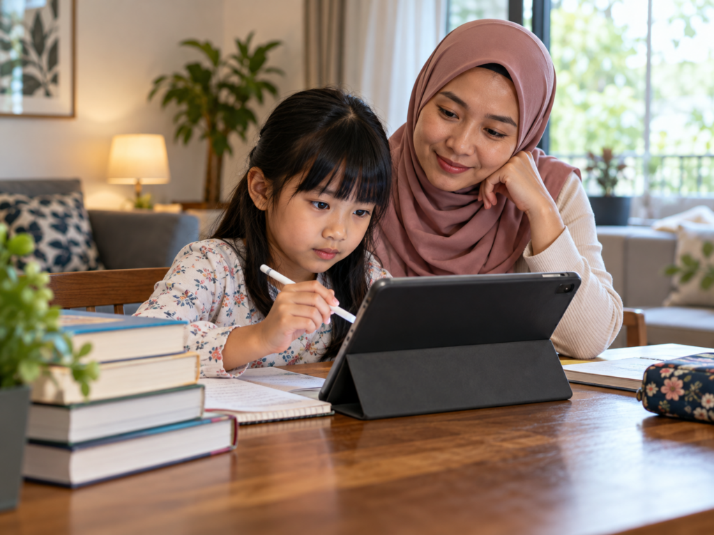 Ibu bapa dan anak menyemak maklumat daripada buku dan komputer.