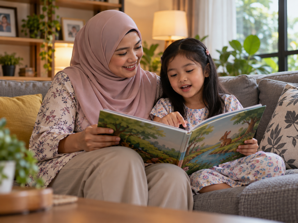 Guru dan ibu bapa berbincang tentang perkembangan membaca anak.