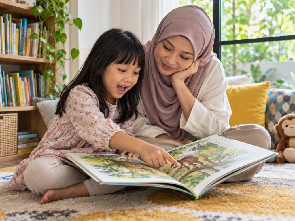 Ibu menggunakan ekspresi dan suara watak ketika membaca kepada anak.